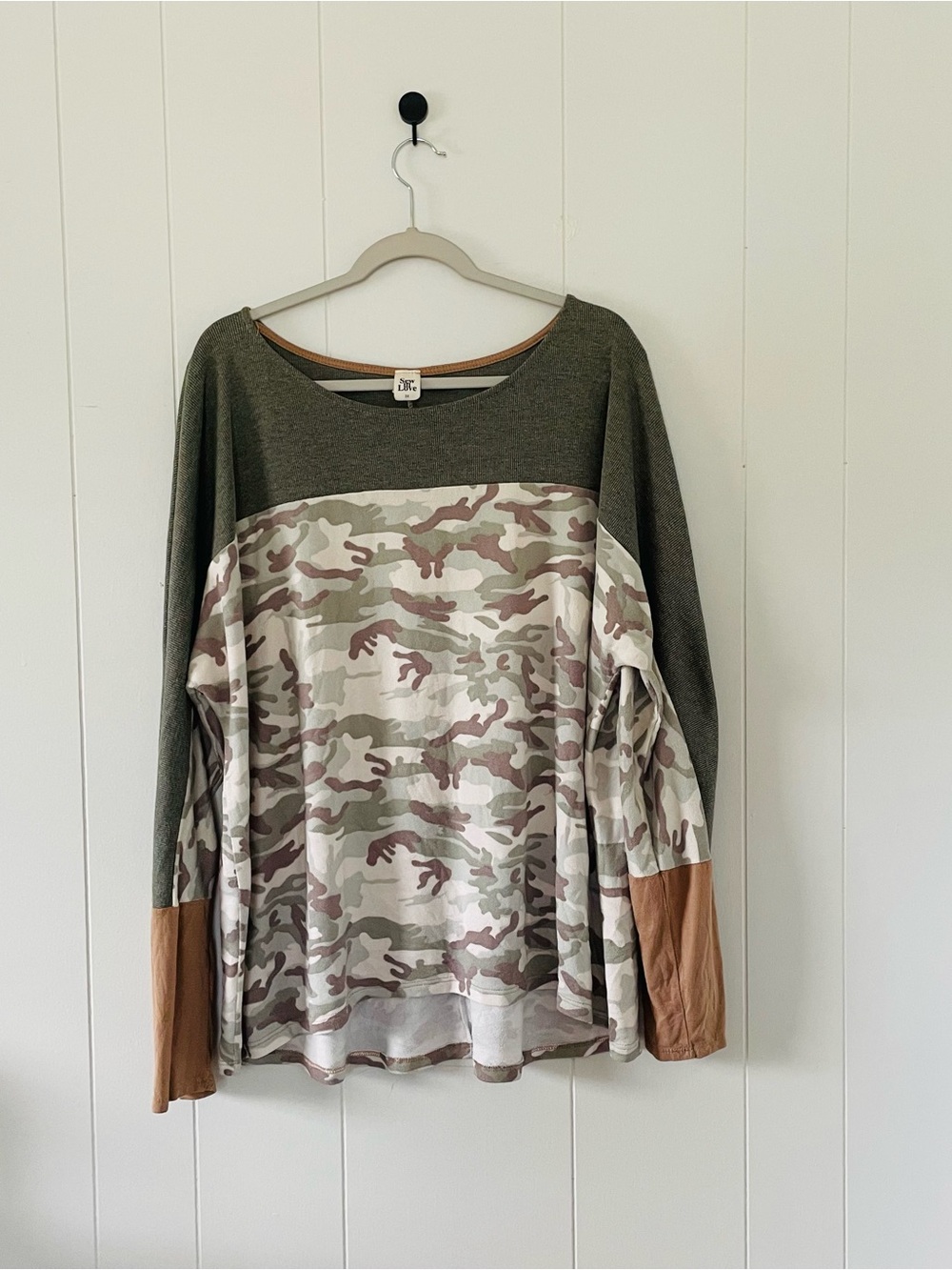 Sew In Love Olive & Camo Long Sleeve Tee with Tan Accents